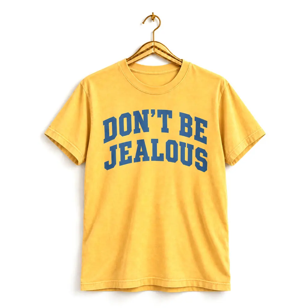 T-Shirt DON’T BE JEALOUS in Senfgelb mit blauem Schriftzug